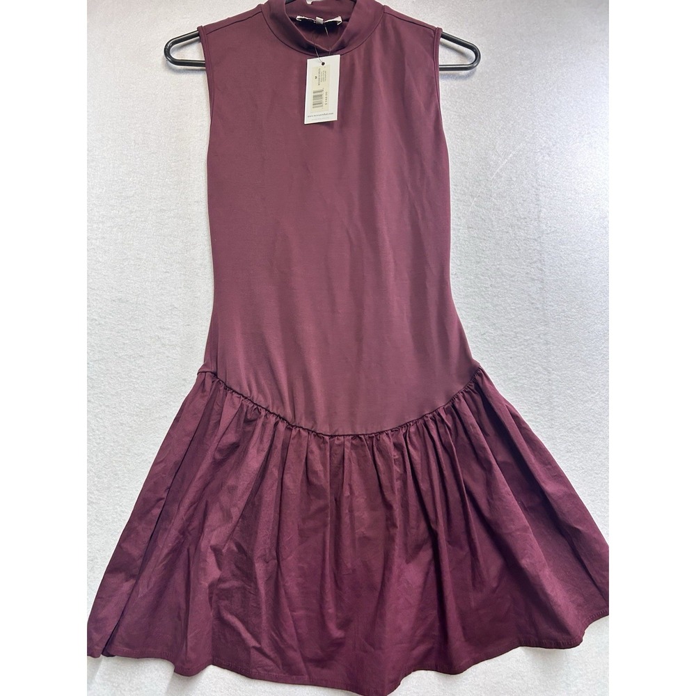 WE WORE WHAT Burgundy Mock Neck Sleeveless Mini Ruffle Dress Size M NWT